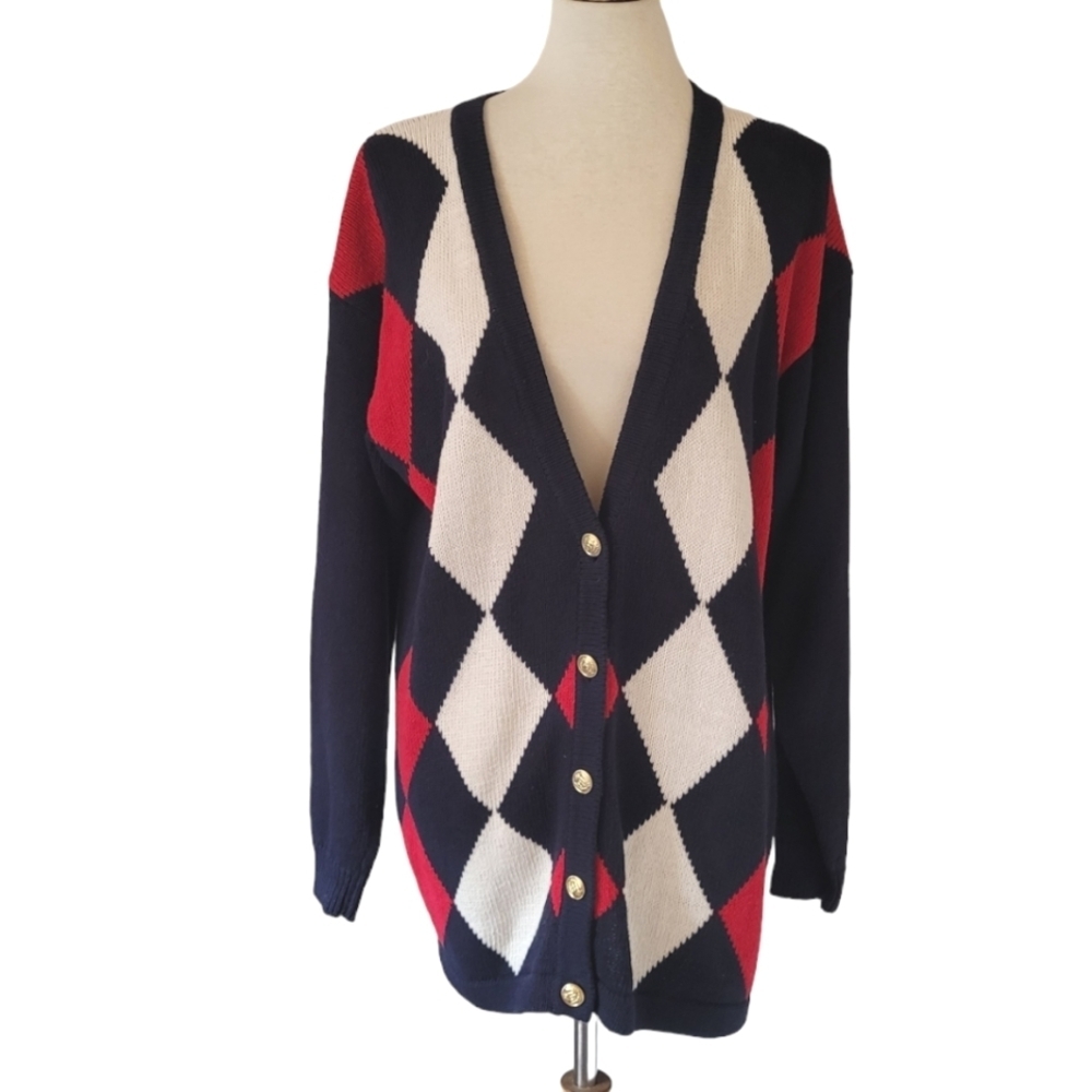 90's Casual Corner Navy Red Cream Argyle Ramie Cotton Cardigan - Picture 3 of 7